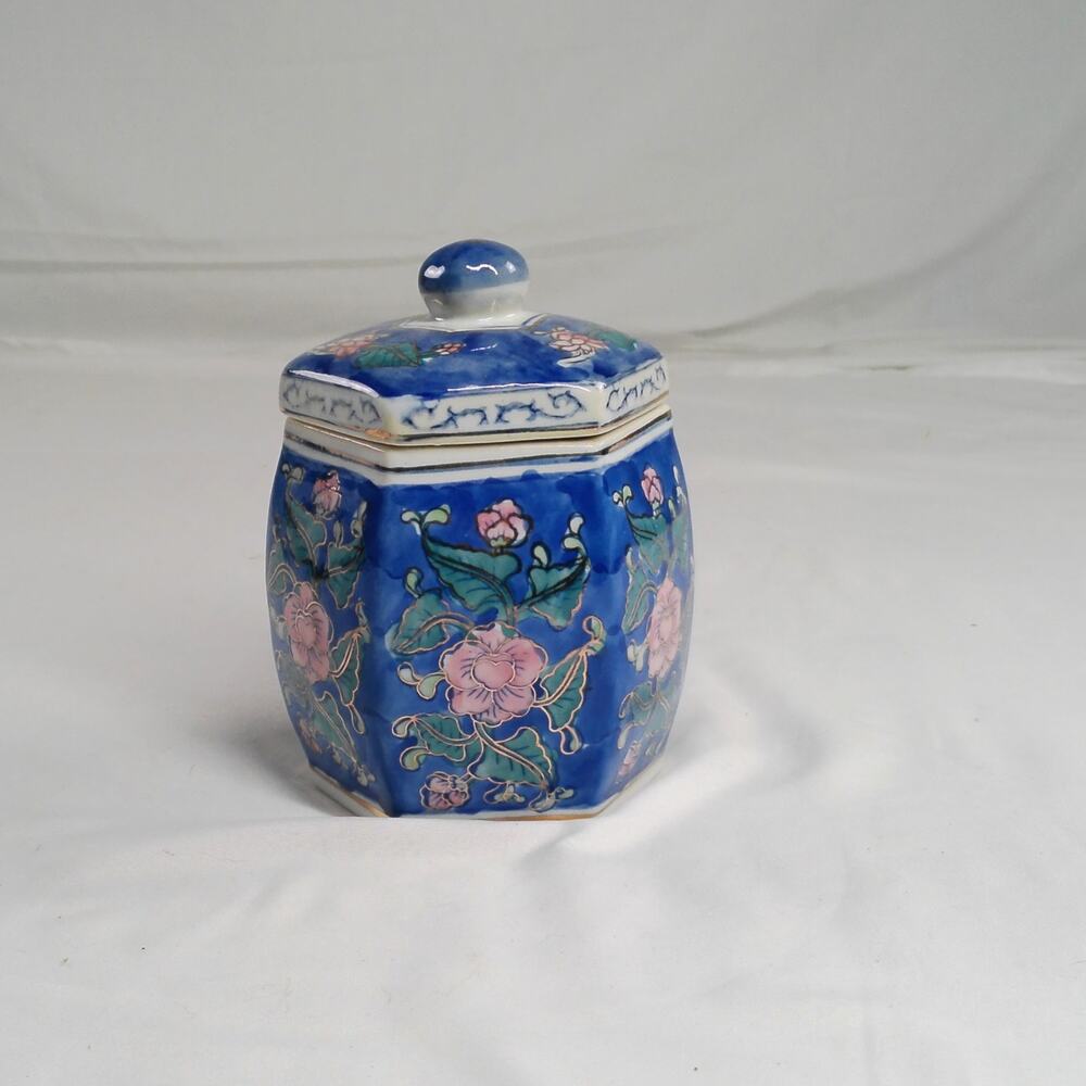 Blue Floral Hexagonal Ceramic Ginger Jar With Pink Roses Lidded Tea Caddy Vase